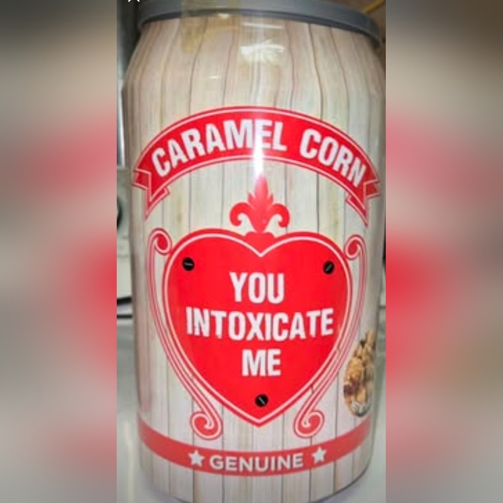 Vintage Metal Target 2015 Caramel Corn You Intoxicate Me Can, Plastic Top